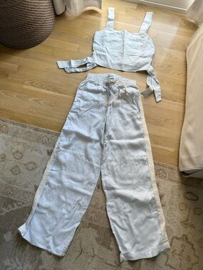 Venroy Light Blue Linen-Blend Crop Top & Drawstring Pants